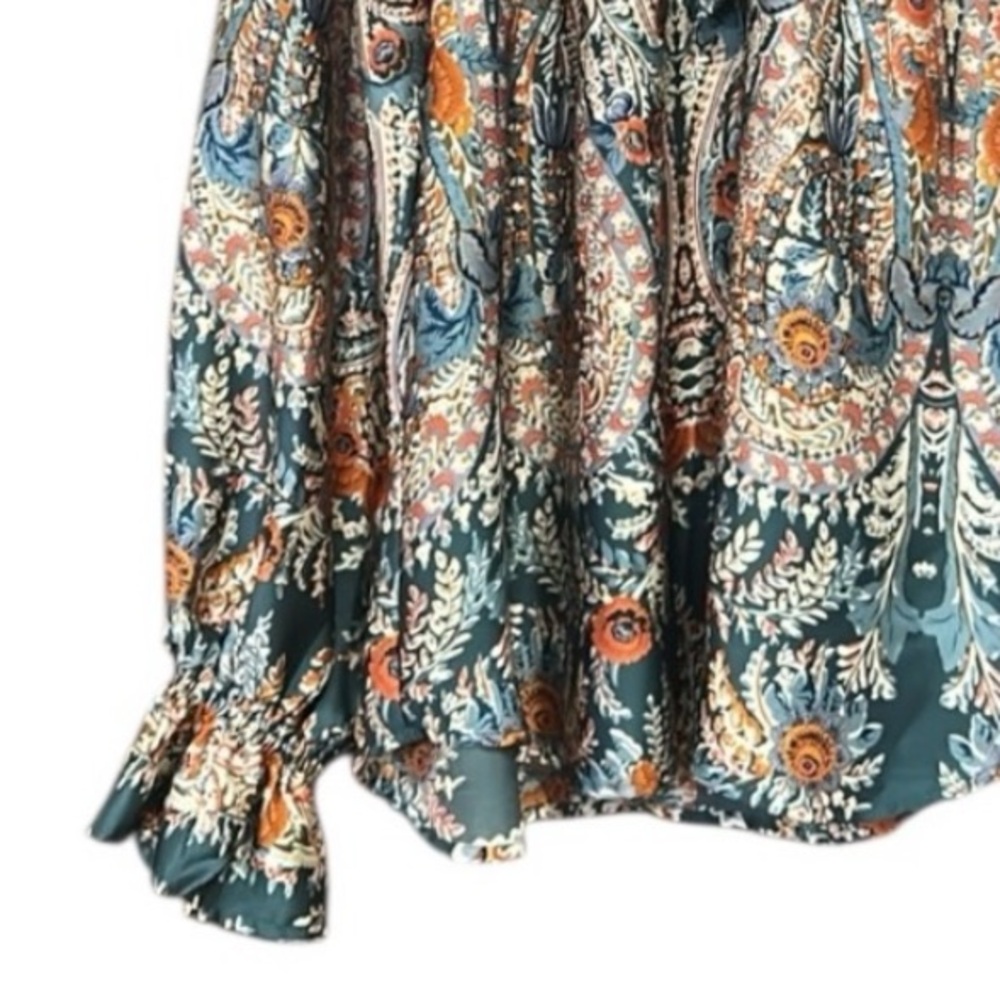 Umgee Boho Green Orange Floral Print Blouse Top V-Neck Long Sleeves Ruffle Small - Picture 6 of 11